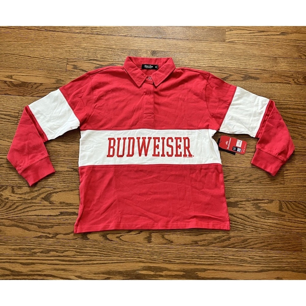 NWT Junk Food Budweiser Beer Rugby Long Sleeve Polo Women's Small